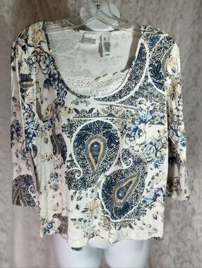 Emma James Cream Paisley Scoop Neck L/S Top with Lace Sz L